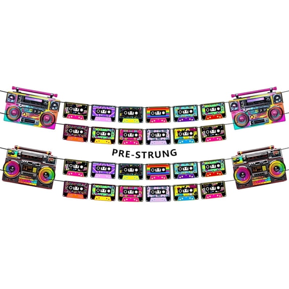 Pre-Strung 80s 90s Party Decorations, NO DIY Retro 80s 90s Theme Cassette Tape Banners, Boom Box Cassette Player Decor Hip Hop Music Birthday Party Supplies