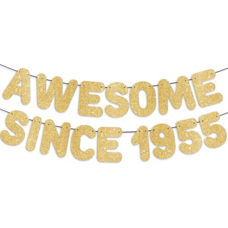 Pre-Strung Awesome Since 1955 Gold Glitter Banner, 70th Birthday Decorations for Women, 70 Year Old Anniversary Party Sign for Men