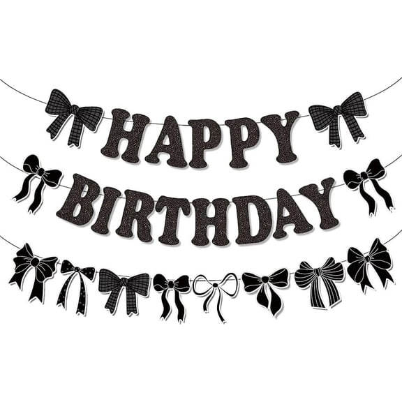 Pre-Strung Black Bow Birthday Decorations Glitter Happy Birthday Banner Bow Garland Party Decorations for Girls Women Birthday Party (Black)