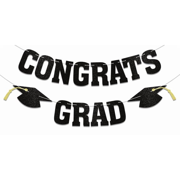 Pre-Strung Congrats Grad Banner - Black Glitter Graduation Party Decorations- Congratulations, Black Congrats Grad Class of 2024 Graduation Party Decorations (Black)