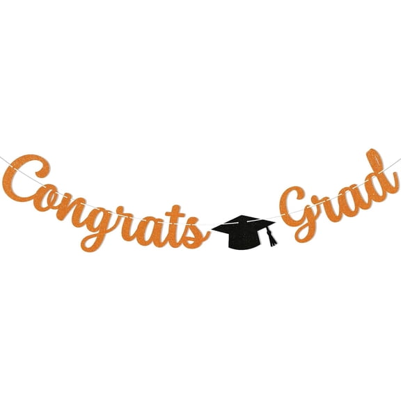 Pre-Strung Congrats Grad Banner - Orange Glitter Graduation Party Banner with Cap, Congratulations Graduate Decor, High School College Graduation Party Decorations (Orange)