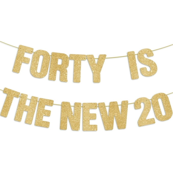 Pre-Strung FORTY IS THE NEW 20 Banner - Gold Glitter, 40th Birthday Decorations for Women & Men, Funny Forty Bday Sign Gifts for Her & Him