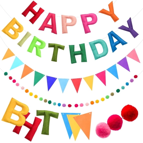 Birthday Party Supplies Happy Birthday Banner,Pre-Strung Felt Ball Garland Multicolor Bunting String Happy Birthday Banner Party Decorations 