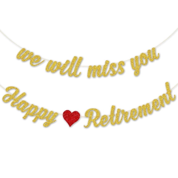 Pre-Strung Happy Retirement We Will Miss You Banner - NO DIY - Gold Glitter Banner for Graduation Retirement Going Away Farewell Party Decor Supplies