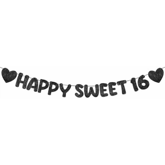 Pre Strung Happy Sweet 16 Banner Glitter Sixteenth Birthday Party Decorations 16th Party Sign Sweet 16 Party Decorations for Birthday Party Bachelorette Party(Black)