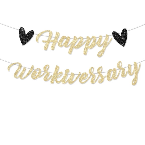 Pre-Strung Happy Work Anniversary Decorations Banner Gold Glitter Workiversary Sign for Work Party Office Party Theme NO DIY