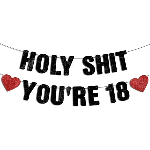 Pre-Strung Holy S You're 18 Black Glitter Banner, 18th Birthday Decorations for Boys, Funny 18 Year Old Birthday Decor Sign for Girls