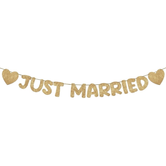 Pre Strung Just Married Banner Glitter Wedding Party Banner No DIY Just Married Sign Wedding Ceremony Decorations for Photo Booth Props Wedding Shower Party Decor(Champagne Gold)