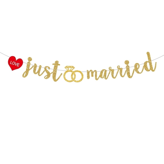 Pre-Strung Just Married Gold Glitter Banner - No DIY Wedding Ceremony Reception Car Decor