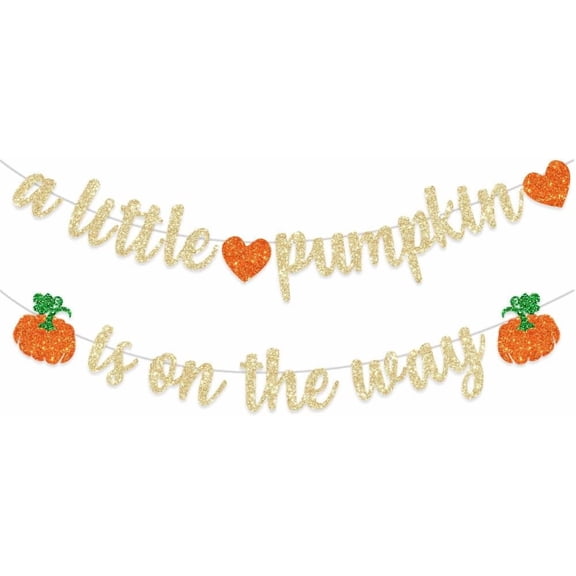Pre-Strung Pumpkin Fall Baby Shower Banner Decorations A Little Pumpkin is On The Way Gold Glitter Birthday Party for Party Supplies Thanksgiving Fall Theme Gender Reveal Supplies NO DIY