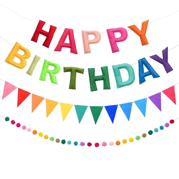 3-Piece Rainbow Happy Birthday Banner Felt Set, Pre-Strung 3D Garland Party Decoration, Happy Birthday Wall Banner