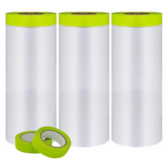 Pre-Taped Masking Film-55inx65ft Tape and Drape Painters Paper Rolls, Plastic Painting Film for Automotive Painting Covering Masking Film:3rolls,Tape:2rolls