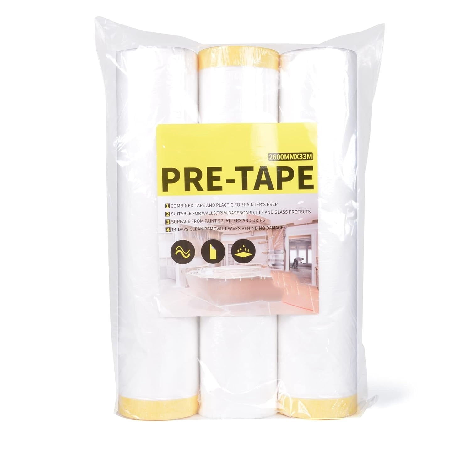 Pre Taped Masking Film with Adhesive Edge, 103 inch x 36 Yards x 3 Rolls No Residue Masking Tape for Painting, Automotive, and DIY Projects Tape and Drape for Floor Furniture Protection