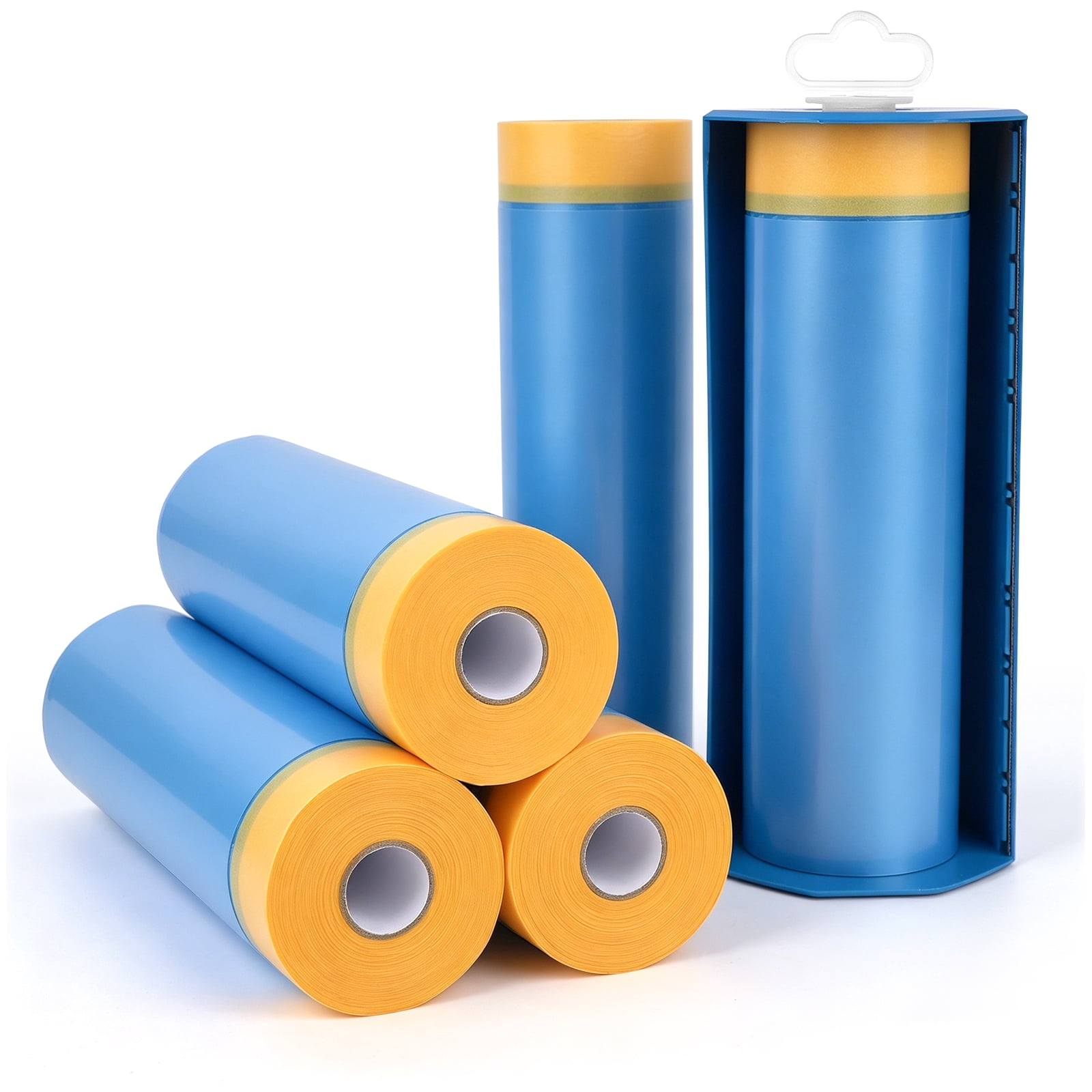 Pre-Taped Masking Film Film and Masking Tape in one Plastic Tape and Drape Roll Painters Plastic (5 Pack, Each roll 55" Wide x 82 feet Long) with one dispenser