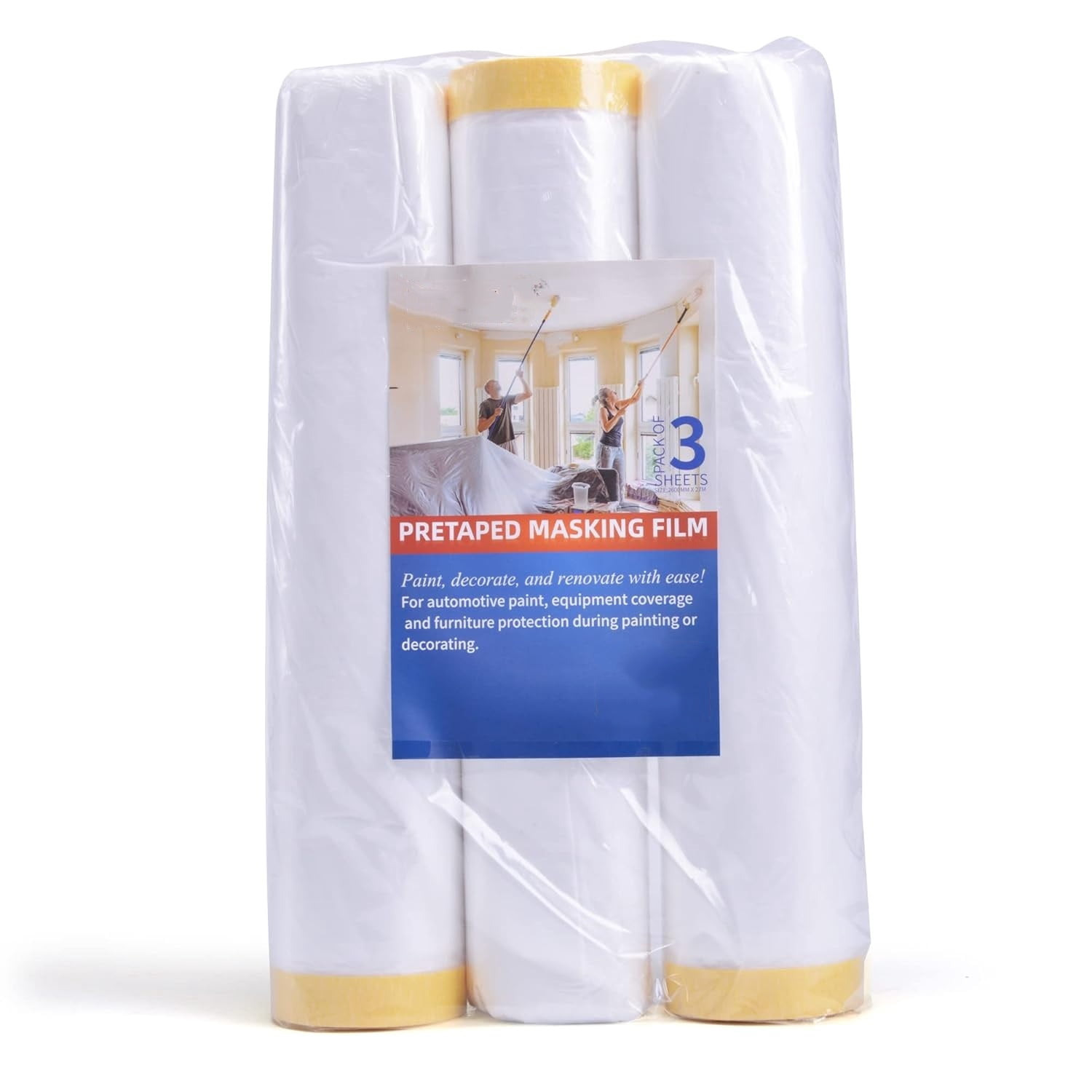 Pre-Taped Masking Film, Tape and Drape, Plastic Sheeting Roll, Automotive Painters Masking Tape Film, Plastic Sheeting Cover for Appliance and Furniture, 9feet X 90feet, 2600mmx 27m,3Rolls