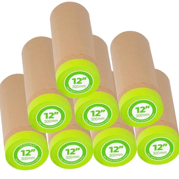 Pre-Taped Masking Paper for Painting - 12 inch x 50 feet Tape and Drape Painters Paper, Paint Adhesive Protective Paper Roll for Covering Skirting, Frames, Cars and Auto Body (8 Rolls)