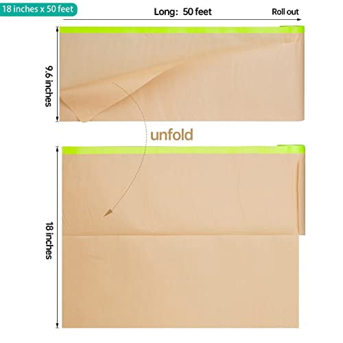 Pre-Taped Masking Paper for Painting - 18 inch x 50 feet Tape and Drape Painters Paper, Paint Adhesive Protective Paper Roll for Covering Skirting, Frames, Cars and Auto Body (2 Rolls)