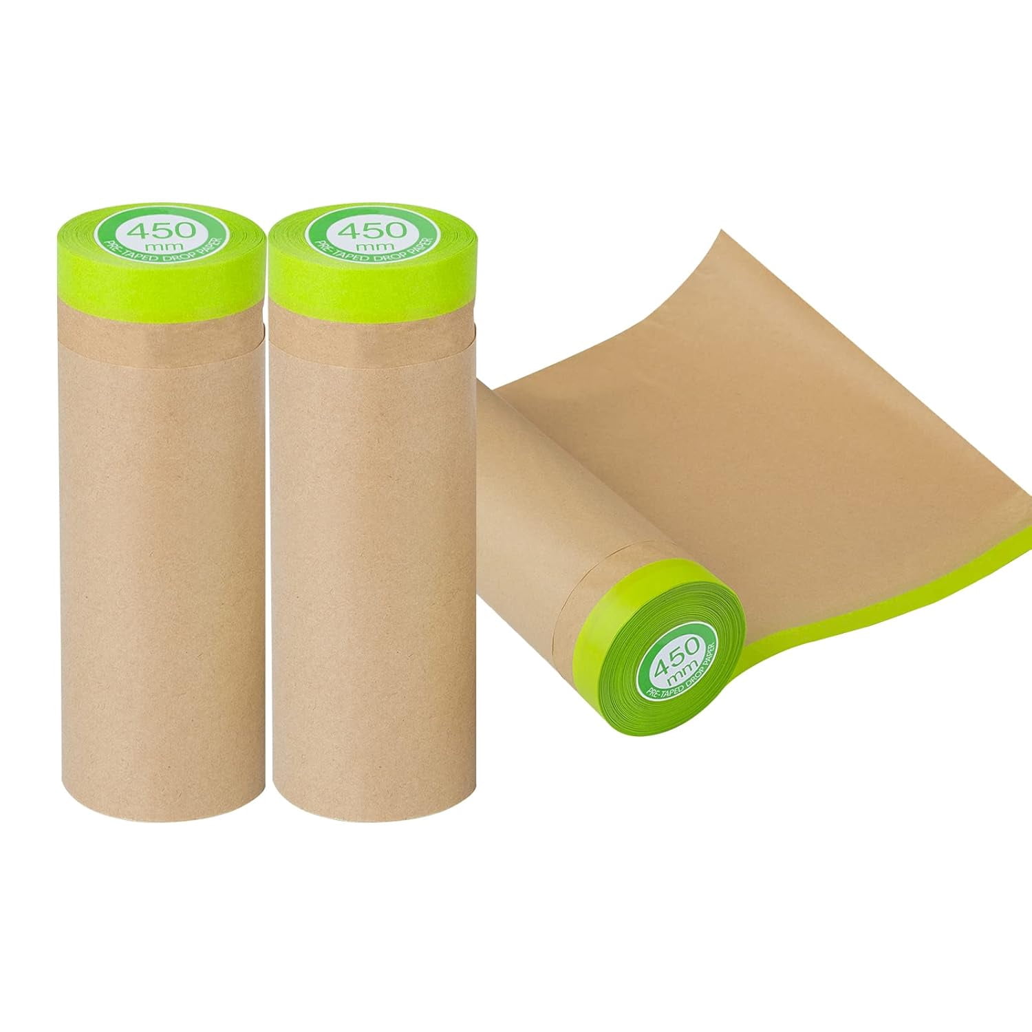 Pre-Taped Masking Paper for Painting - 18 inch x 50 feet Tape and Drape Painters Paper, Paint Adhesive Protective Paper Roll for Covering Skirting, Frames, Cars and Auto Body (3 Rolls)