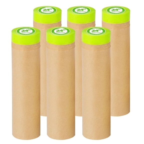 Pre-Taped Masking Paper for Painting - 24 inch x 50 feet Tape and Drape Painters Paper, Paint Adhesive Protective Paper Roll for Covering Skirting, Frames, Cars and Auto Body (6 Rolls)