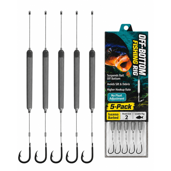 Pre-Tied Off Bottom Fishing Rig, Anti-Snag Floating Hook Leaders, 5 Pack | Ready-to-Use Suspension Hair Rigs, Barbed Bait Keeper for Carp Catfish Bass Lakes Ponds Rivers and Bank Angling