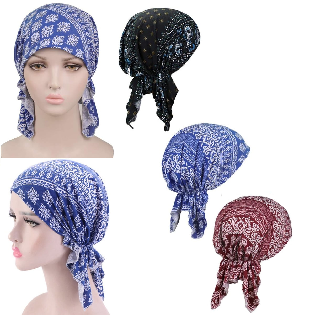 Pre Tied Chemo Head Scarf Pack of 3, Beanie Skull Cover Cap 