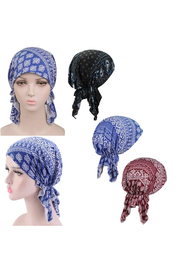 Pre Tied Chemo Head Scarf Pack of 3, Beanie Skull Cover Cap for Women