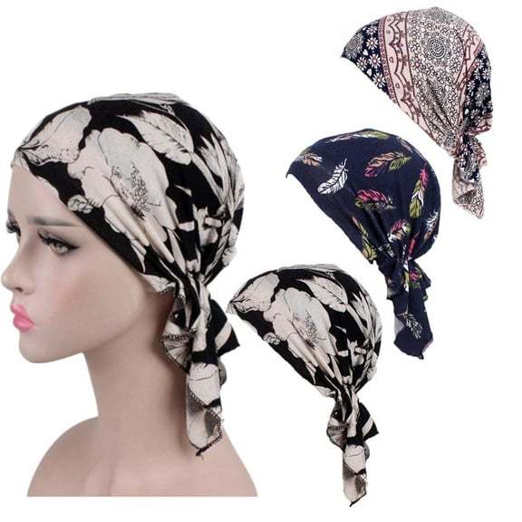 Pre Tied Chemo Head Scarf Pack of 3, Beanie Skull Cover Cap for Women