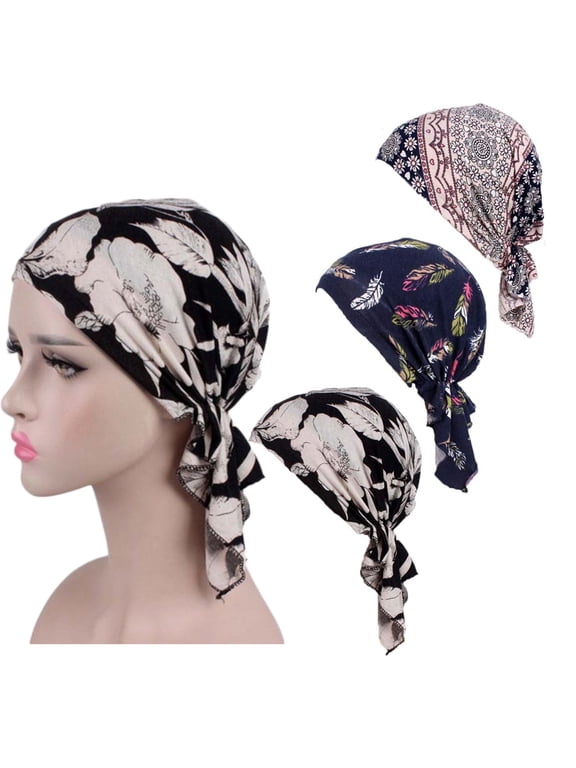 Pre Tied Chemo Head Scarf Pack of 3, Beanie Skull Cover Cap for Women