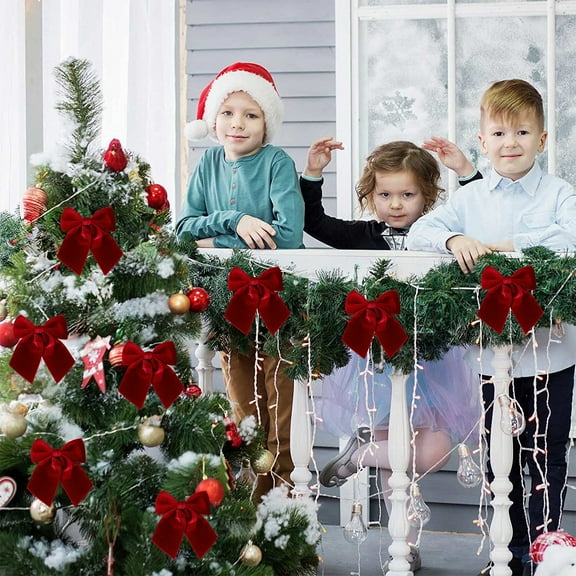 Pre-Tied Christmas Bow, Polyester Wreath Decoration, Holiday Door Hanging for Tree Garland and Outdoor Decor, 25x25cm