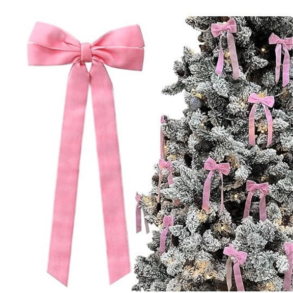 Pre-Tied Plush Flocked Bow, 5"x10" Double Ribbon Bow for Christmas Tree Topper, Rustic Wreath or Garland Decoration, Soft for Gift Bag or Candy Jar, Pink, By Harlik