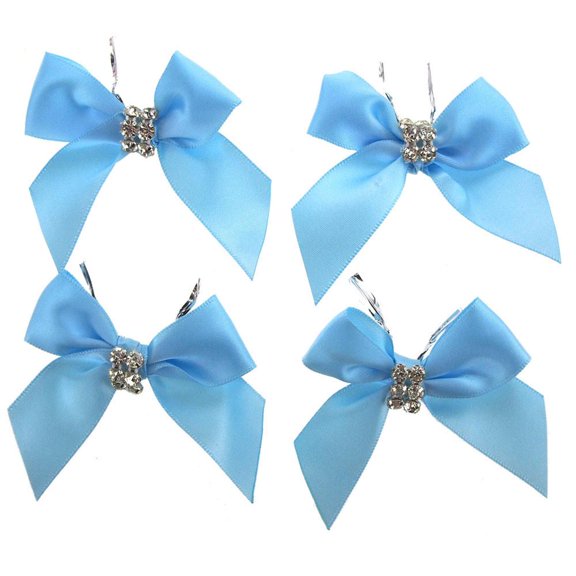 Pre-Tied Satin Bows with Rhinestone, 3-Inch, 4-Piece, Blue