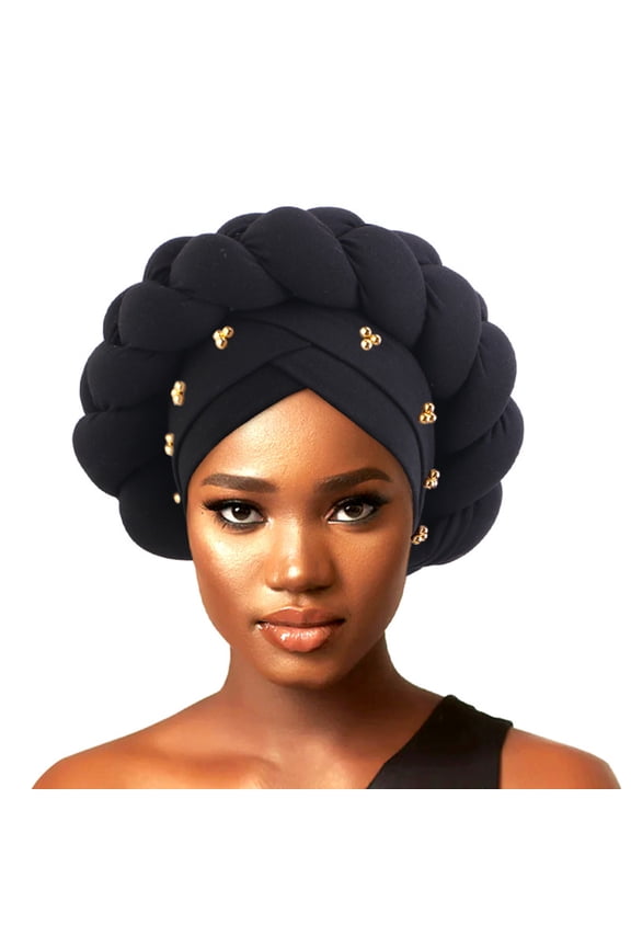 Pre-Tied Women Turban Caps Elastic African Head Wrap Hair Bonnet Headwrap Hat Hair Wraps Cover,Black