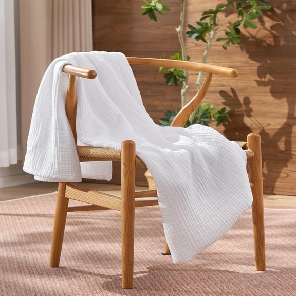 Pre-Washed 100% Cotton Muslin Throw Blanket, 4-Layer Soft Throw for Bed Couch, Breathable & Lightweight Blankets for Adults Hot Sleepers, Room Decor, Luxury Gift, White, 50 * 60"