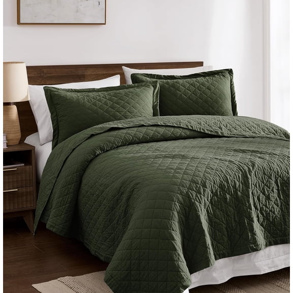 Pre-Washed Cotton Queen Size Quilt Set - Olive Green Ruffle Box Soft Lightweight Bedspread, Textured Like Linen, Farmhouse Country Rustic Coverlet, Shabby Chic Gauze Bedding, 3 Pieces