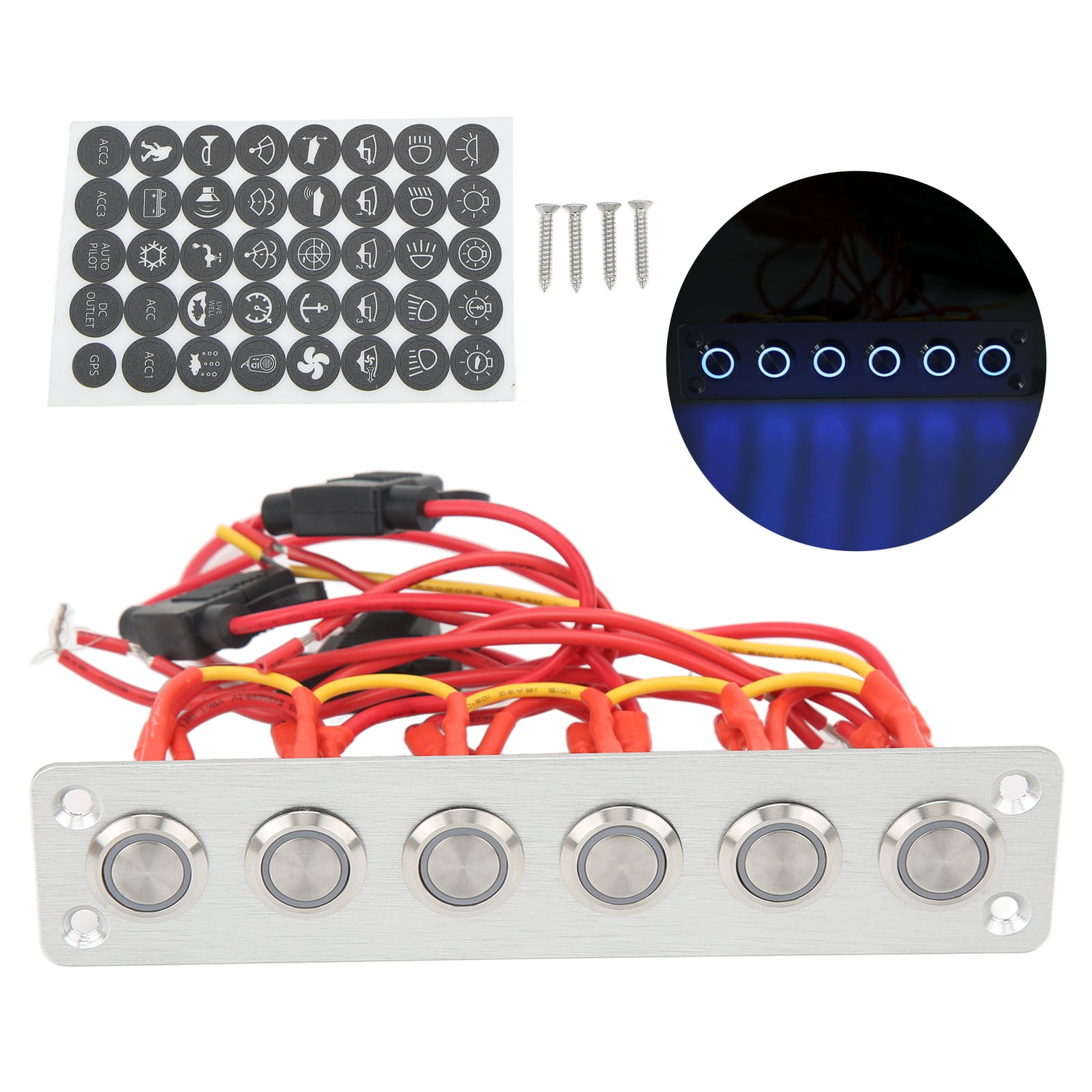Pre Wired 6 Gang Push Button Switch Panel with Blue LED Lights for Car RV Yacht 12V DC System Depato