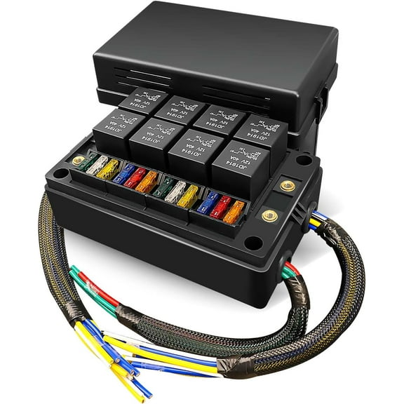 Pre-Wired Fuse Relay Box Waterproof, 8 5-Pin JD1914 Relay Slots and 12 ATC ATO Fuse Holder, with 8 5-Pin Relays and 12 Fuses, 12V Relay Fuse Block for Car Truck Boat RV Automotive Marine