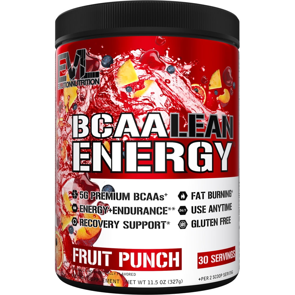 Pre Workout BCAA Powder - EVL BCAA Lean Energy 30 Servings Fruit Punch - Natural Performance Supplement with Essential Amino Acids & Vitamin C - Lean Muscle, Fat Burner, Immune Support