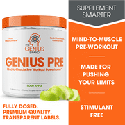 Pre-Workout Natural Energy Supplement Caffeine-free Nootropic Focus & Muscle Building Support, Sour Apple, Genius Pre by the Genius Brand