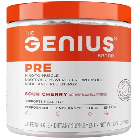 The Genius Brand Genius Pre - Clean Pre-Workout Powder for Energy, Focus & Fitness Support - No Artificial Flavors, Preservatives, or Proprietary Blends - Non-GMO - 20 Servings - Sour Cherry