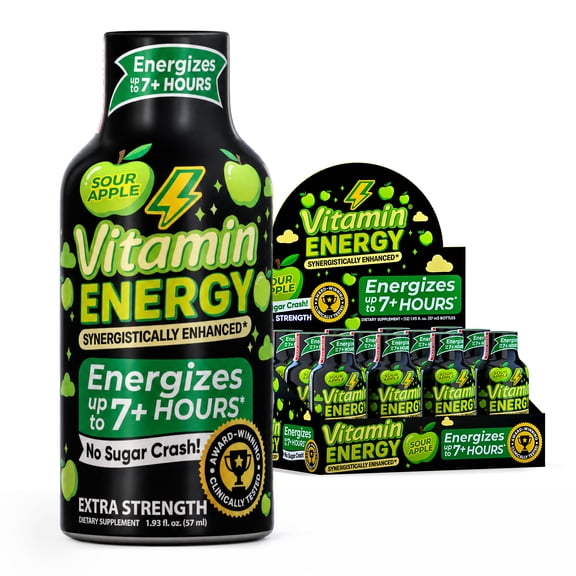 Vitamin Energy Sour Apple Extra Strength Energy Shot, 12 Pack - 260mg Natural Caffeine, Beta-Alanine + Electrolytes, Zero Sugar, 1.93 fl oz