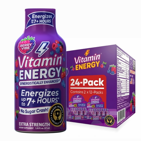 Vitamin Energy Pre-Workout Extra Strength Shot, Berry, 24 Pack  260mg Natural Green Tea Caffeine, Keto-Friendly Endurance Blend, Zero Sugar, 1.93 fl oz