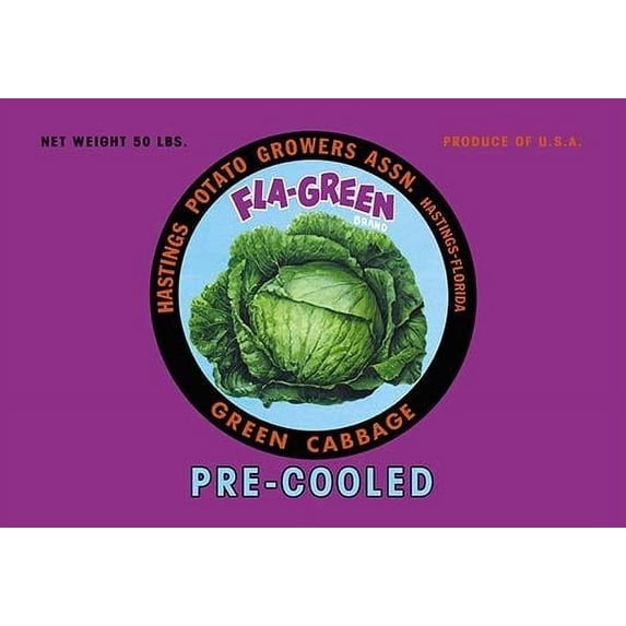 Pre-cooled Florida green cabbage label off the original shipping crate. Vegetable and Fruit crate labels were produced between the 1890's