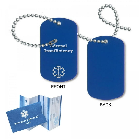 Pre-engraved "ADRENAL INSUFFICIENCY" Anodized Aluminum Medical Alert Tags for Men and Women. 27” Chain, Emergency Medical ID Card, Complimentary 12-Month Access PHR Personal Health Record!