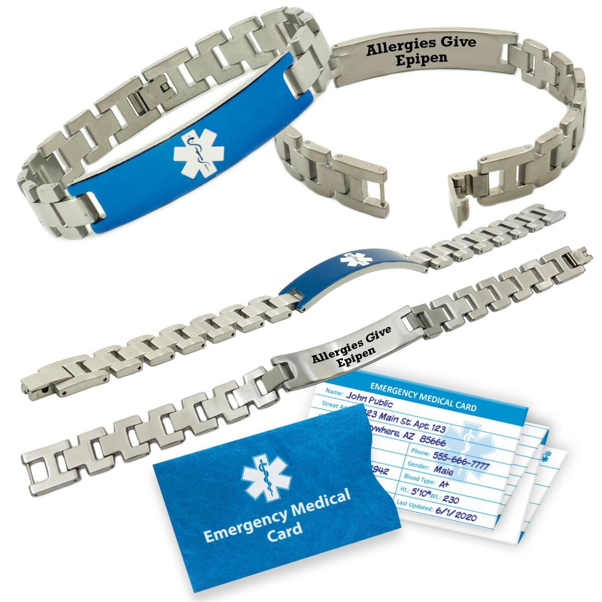 Preengraved "ALLERGIES GIVE EPIPEN" Blue/Silver Box Link Stainless