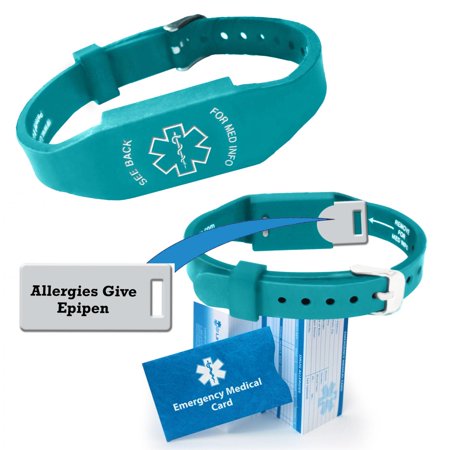 Pre-engraved "ALLERGIES GIVE EPIPEN" Elite II Medical Alert ID Bracelet for Men and Women. Emergency Wallet Card, No Obligation 12 mo. Personal Health Record Membership!