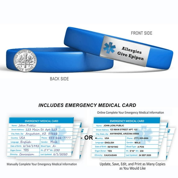 Pre-engraved "ALLERGIES GIVE EPIPEN" MedicBand Medical Alert ID Bracelet. Emergency Medical Card, Complimentary 12-Month Access PHR (Personal Health Records) - Royal Blue / Small