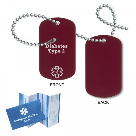 Pre-engraved "DIABETES TYPE 2" Anodized Aluminum Medical ID Dog Tags for Men and Women. 27” Chain, Medical Alert Card, Complimentary 12-Month Access PHR Personal Health Record!