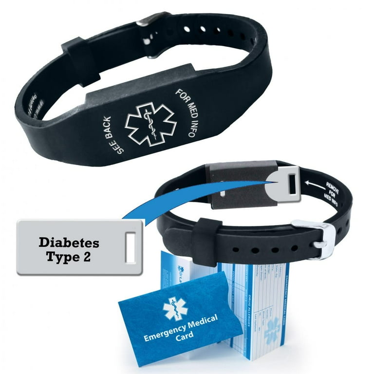 Pre-engraved DIABETES TYPE 2 Black/Gray Reversible Sport Slim Medical ID  Bracelet for Men and Women. Incl. Emergency Medical Card & No Obligation 12