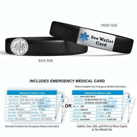 Pre-engraved "SEE WALLET CARD" MedicBand Medical Alert ID Bracelet. Emergency Medical Card, No Obligation 12 month Personal Health Record Membership. Incl. Small, Medium, Large Band