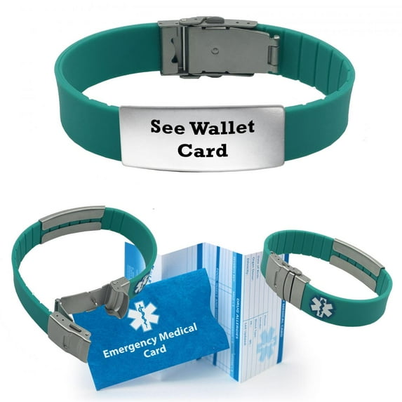 Pre-engraved "SEE WALLET CARD" Teal Sport Medical Bracelet for Men and Women. Includes an Emergency Medical Card, Medical Alert Sleeve & Complimentary 12-Month Access PHR!